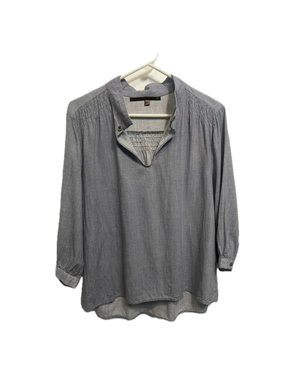 Johnny Was Split Neck Linen Blouse Size M Grey Chambray Boho Popover Top